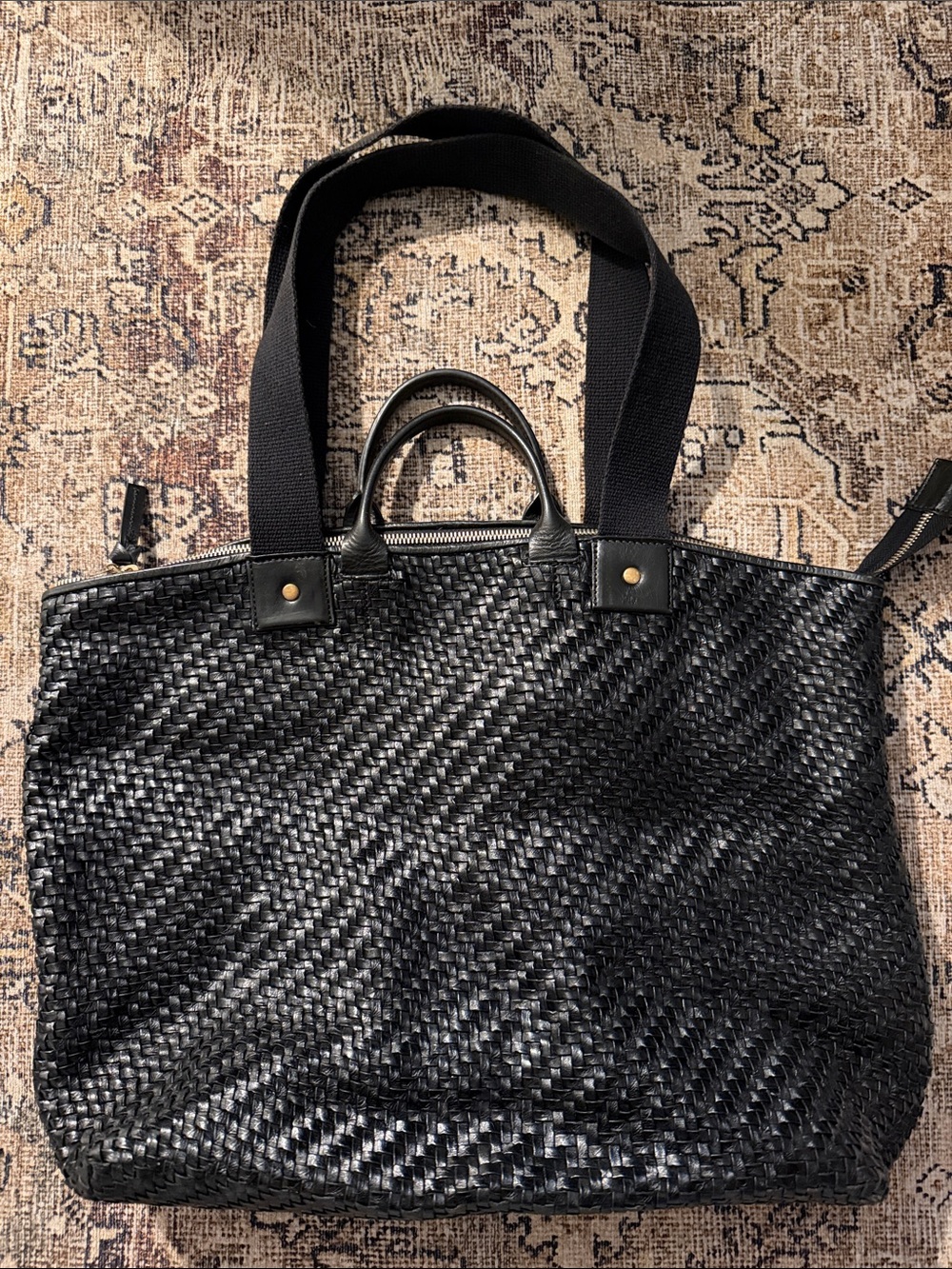 Black Woven Tote Bag with Shoulder Strap